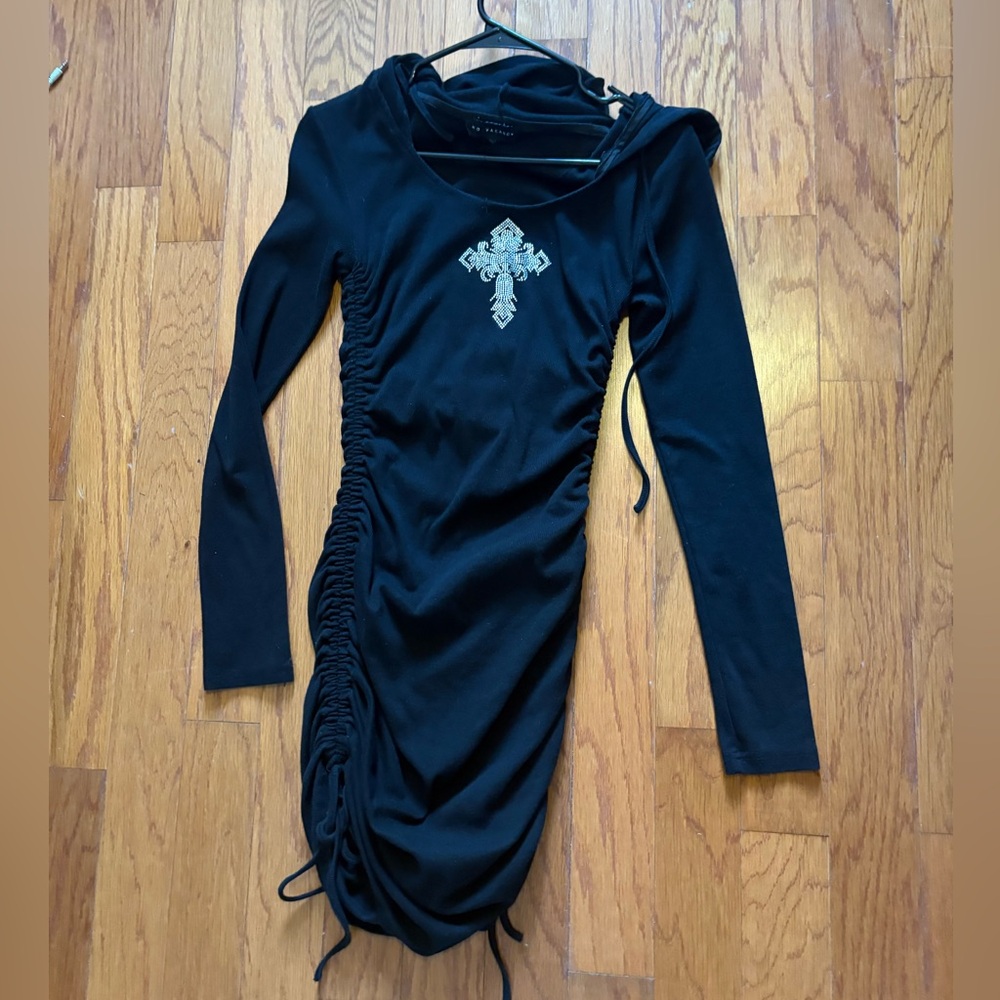 No vacancy dolls kill y2k mc bling rhinestone cross Black Long Sleeve hood Dress